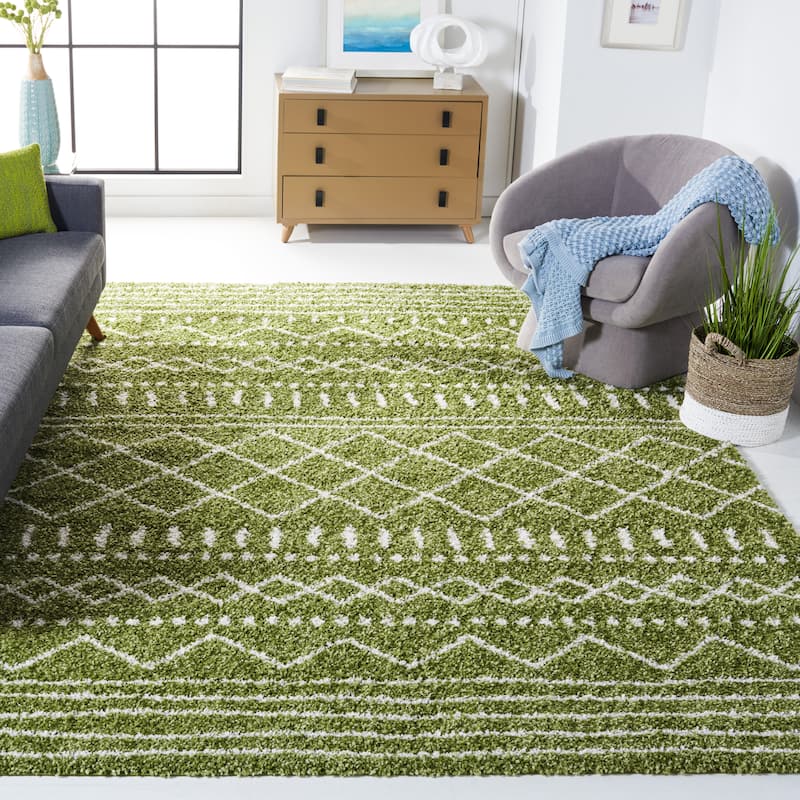 SAFAVIEH Arizona Shag Lotta Moroccan 1.2-inch Thick Rug - 10' x 14' - Green/Ivory - Rectangle