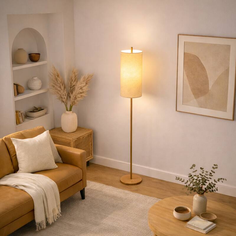 Alicia Natural Wooden Floor Lamp with Cylindrical Woven Shade
