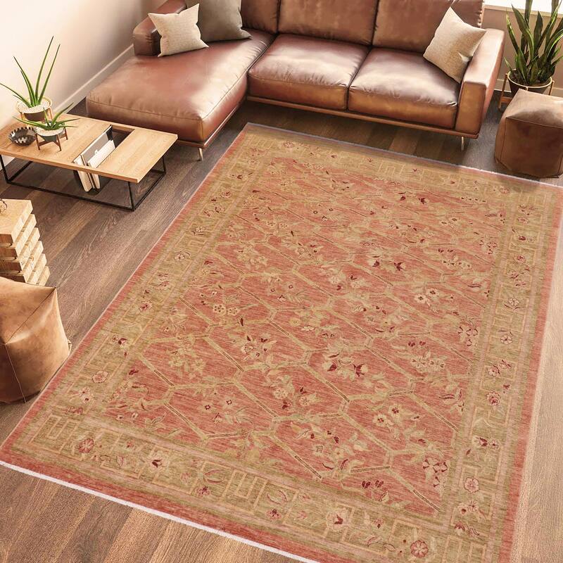 Hexagonal Trellis Floral Hand-Knotted Wool Area Rug
