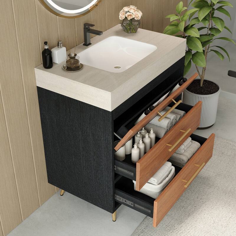 29.9" Modern Free-Standing Vanity with Ceramic Vessel Sink & Durable Sintered Stone Top