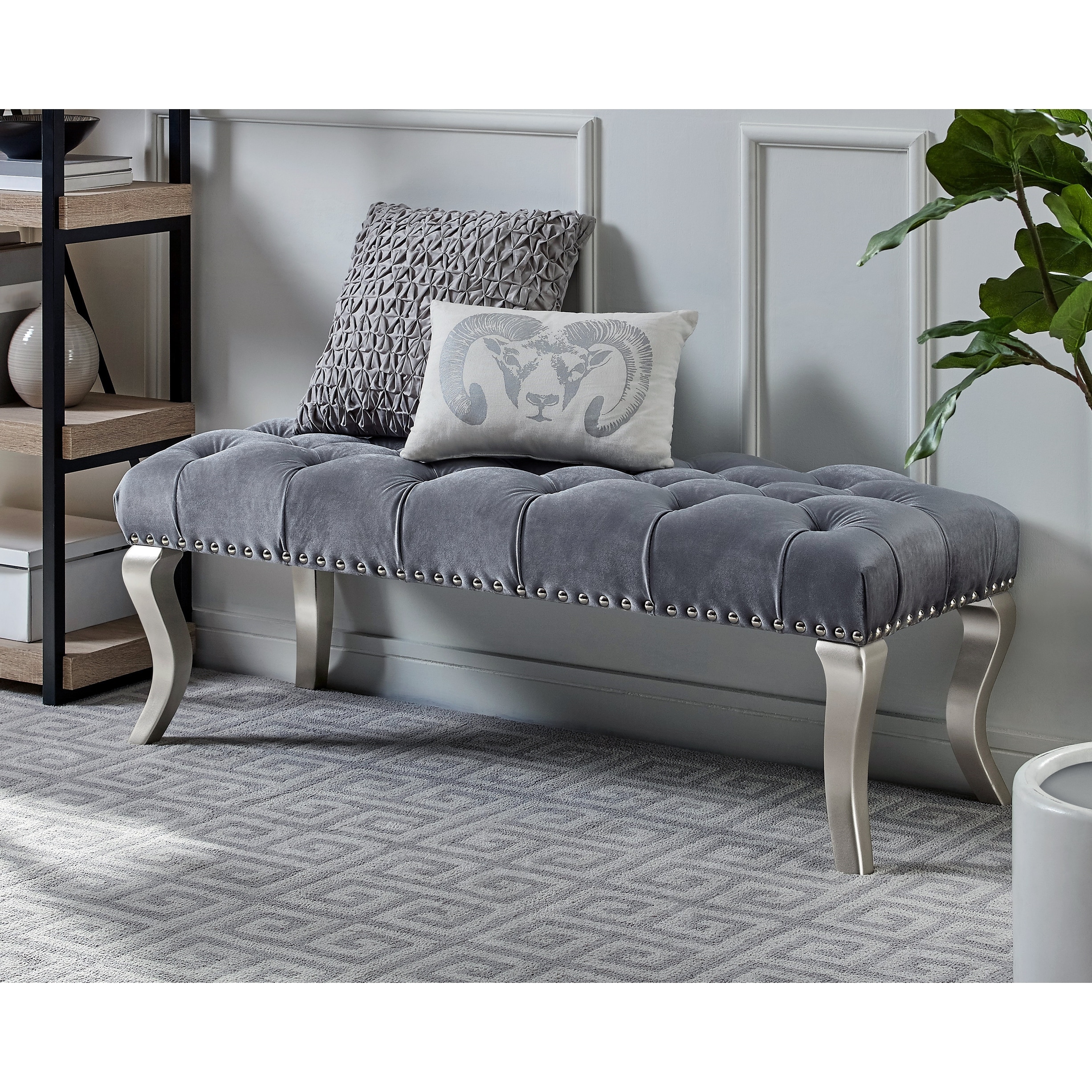 Tufted Fabric Upholstered Bench Nailhead Trim, Gray