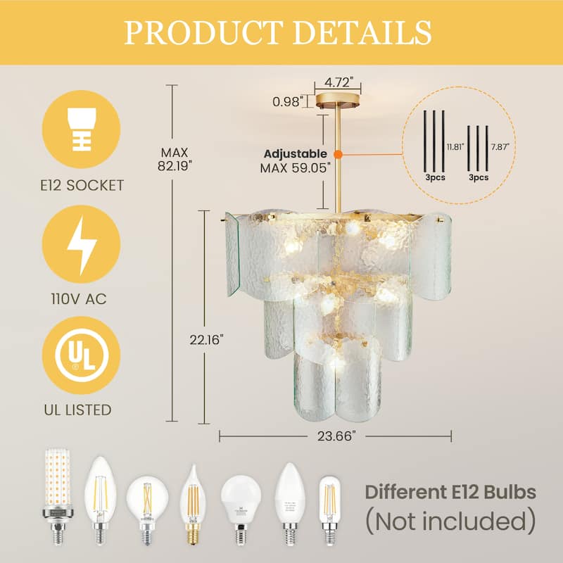 23-Inch Modern Glass Chandeliers, 3 Tiers 8-Light Farmhouse Hammered Stone Glass Chandelier Fixture for Living Room, Bedroom