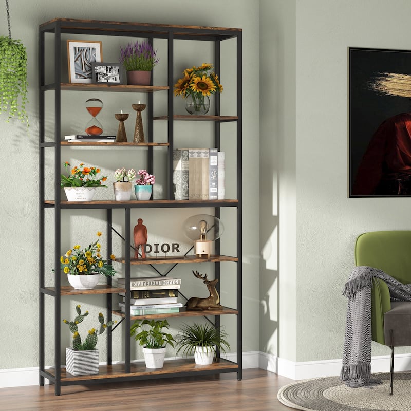 Staggered Bookcase Open Book Shelves Wood Etagere Display Shelf for Living Room - Black/Brown