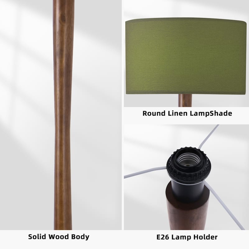 61 in. Retro Standing Floor Lamp with Rubberwood Base and Linen KD Lampshade for Bedroom, Living Room