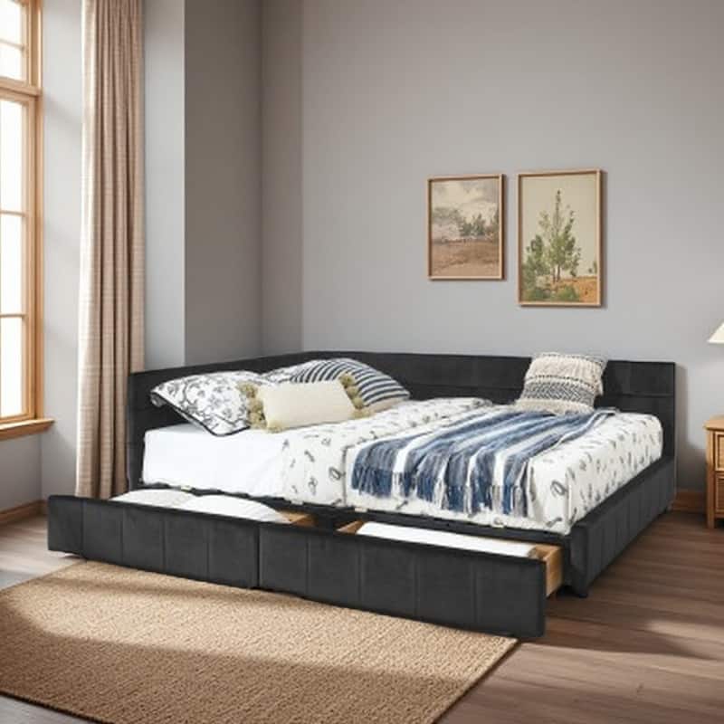 Mid-Century Queen Velvet Daybed with Storage Drawers, Tufted Upholstered Sofa Bed Frame with Backrest & Armrest - Black