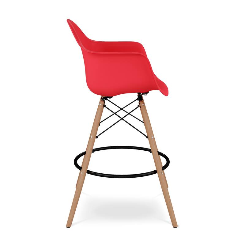 HomeRoots 28" Red And Brown Heavy Duty Plastic And Solid Wood Low Back Counter Height Bar Chair