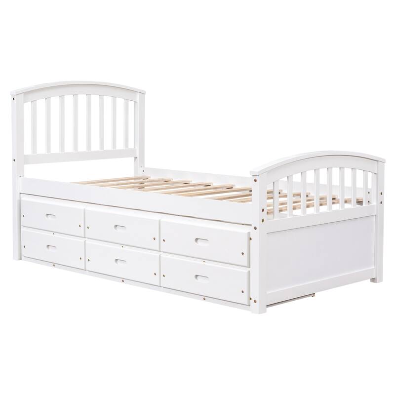 Twin Size Platform Captains Storage Bed Solid Wood Daybed with 6 Drawers Bookcase Bed Low Profile Bed Panel Bed