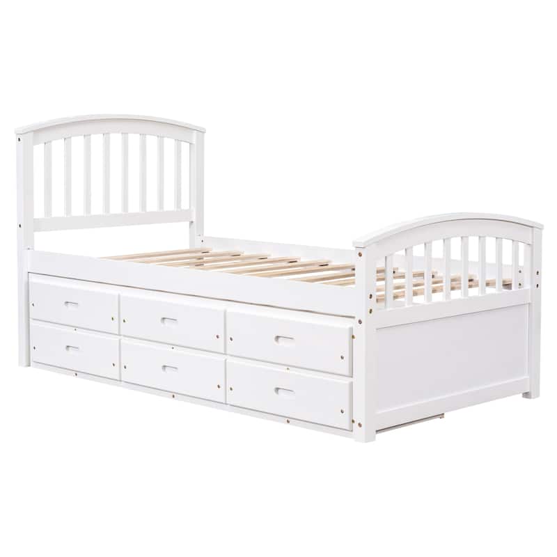 Twin Size Solid Wood Platform Storage Bed with 6 Drawers, White