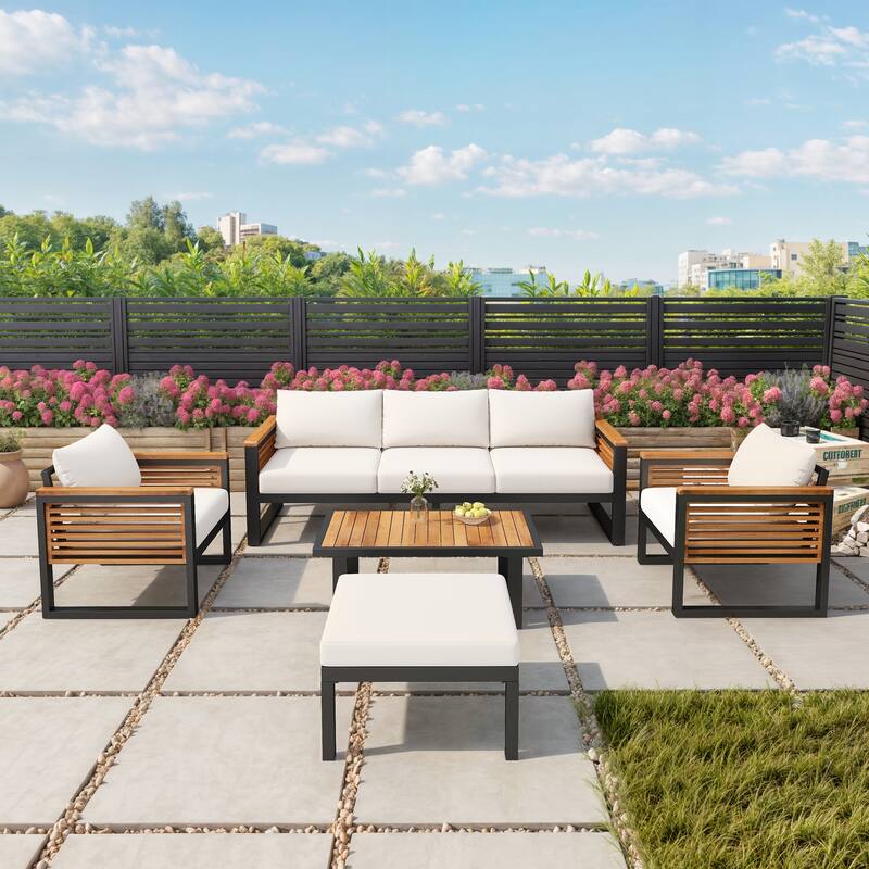 Outdoor Sectional Sofa Set with Ottoman and Coffee Table, L-shape Recliner Couch with Chaise Lounge, Acacia Wood Sofa Set