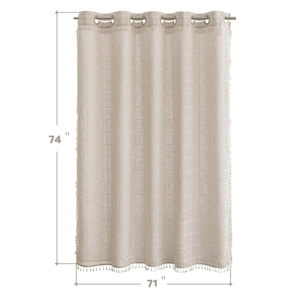 dimension image slide 2 of 4, No Hooks Linen Textured Geometric Tassels Shower Curtain with Snap-in Liner
