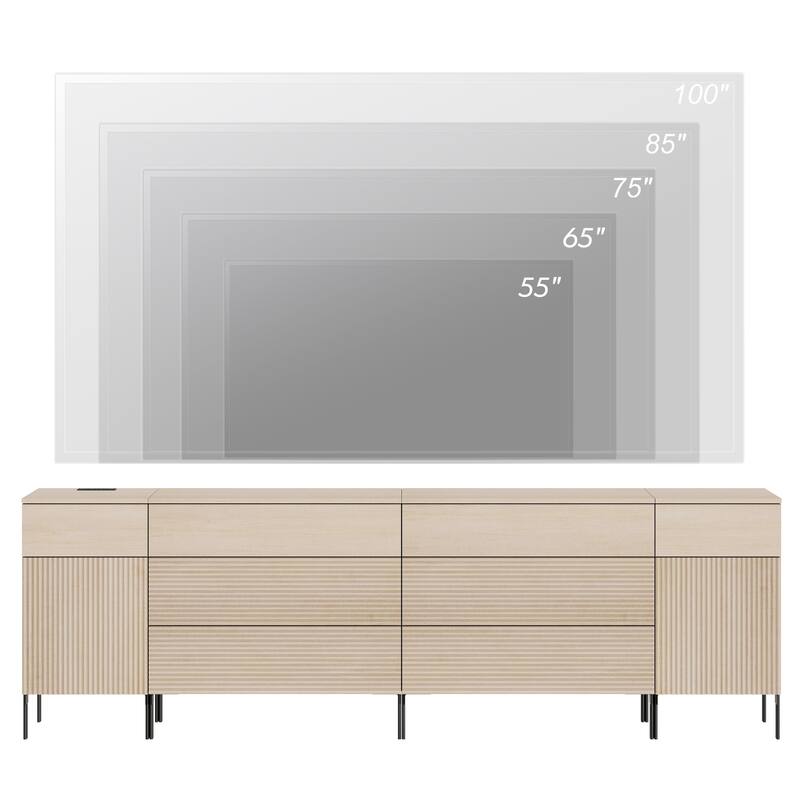 94.5" Long Modern Reeded Dresser TV Stand With Drawers, Entertainment Center With Charging Station