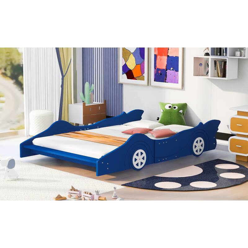 Classic Race Car-Shaped Kids Bed with 4 Wheels, Car Shaped Solid Pine Platform Bed Frame