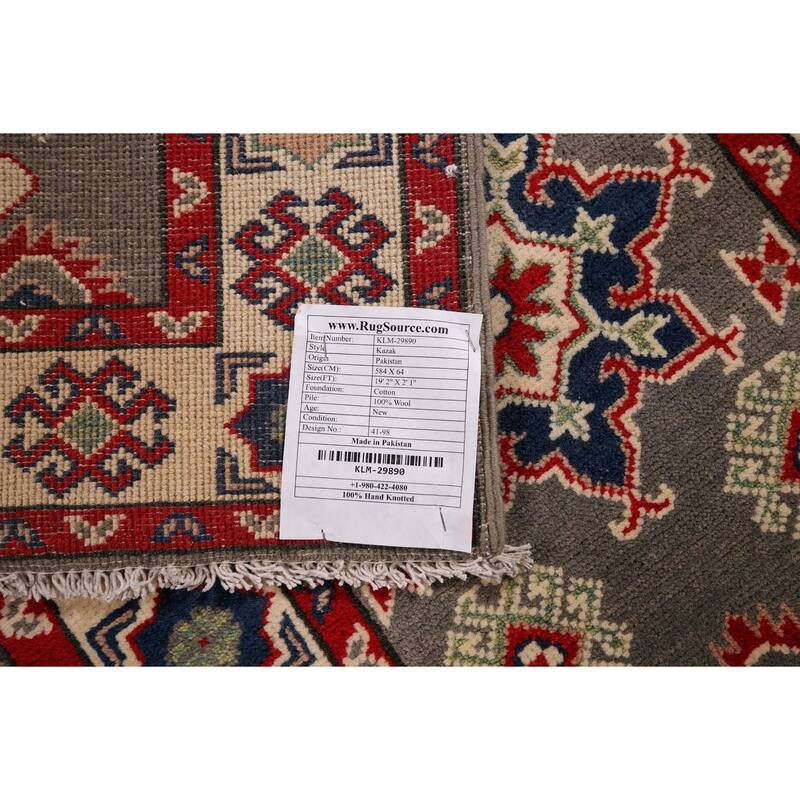 Geometric Kazak Oriental Runner Rug Handmade Wool Carpet - 2'1" x 19'2"