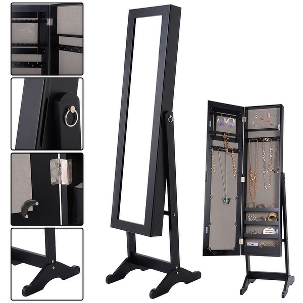 Costway Mirrored Jewelry Cabinet Armoire Mirror Organizer Storage Box Ring w/ Stand