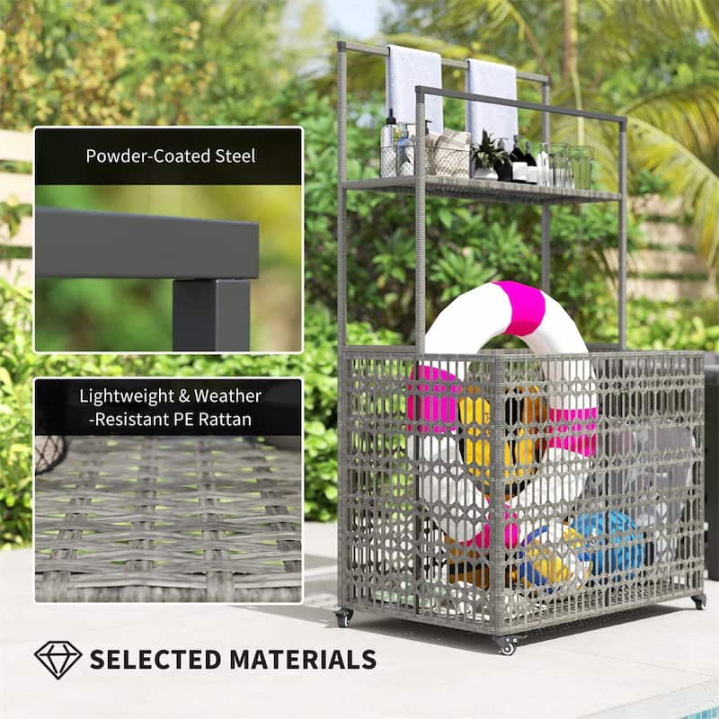 Wicker Pool Storage Basket with Wheels Shelf and Steel Frame for Outdoor Pool Supplies Organization