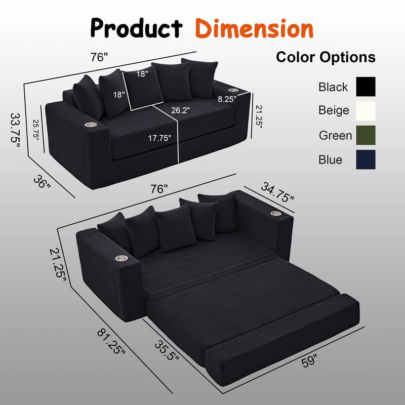 Convertible Sofa Bed, 76" Boneless Loveseat Couch 2 in 1 Foldable Floor Sofa Couch with 2 Cup Holders, Folding Sleeper Chair