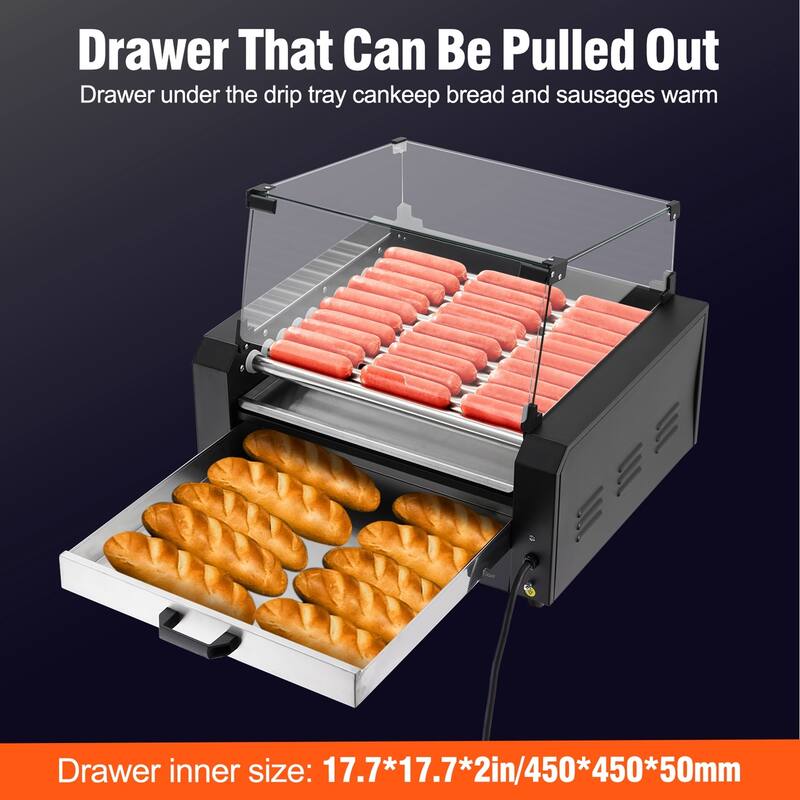 Electric 30 Hot Dog 11 Roller Grill Machine with Warming Drawer - 11 Rollers