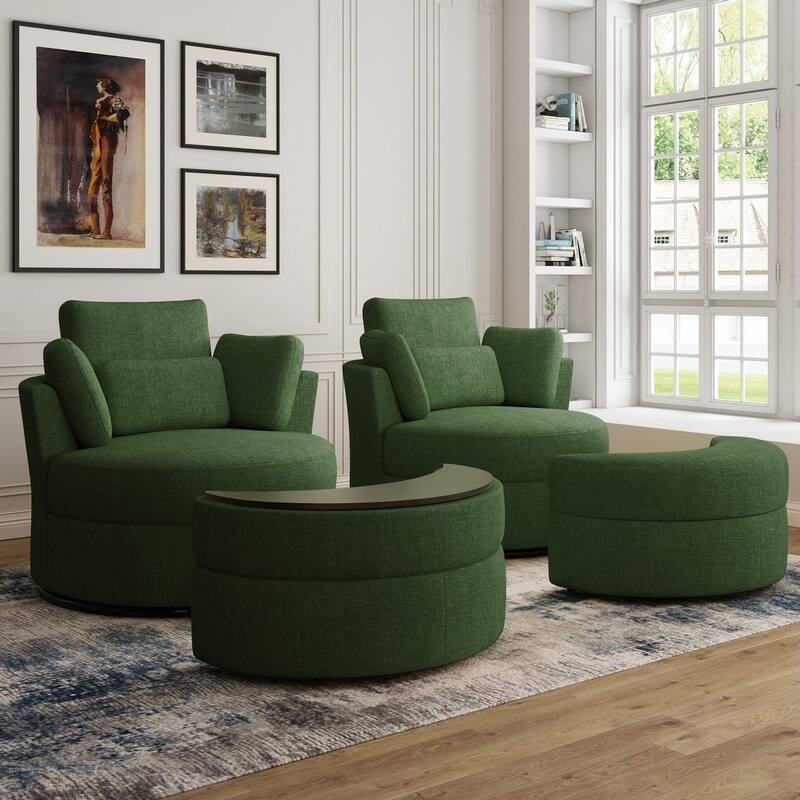Chenille/Boucle Swivel Barrel Chair with Storage Ottoman - Chair Ottoman 2 Set - CHENILLE/GREEN/Set