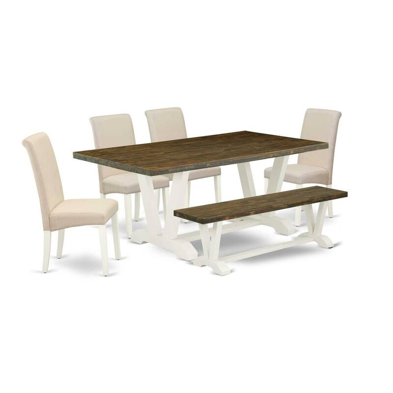 HomeStock 6-Pc Rectangle Distressed Jacobean Finish Solid Wood Top Dining Table with 1-Bench, 4-Chairs