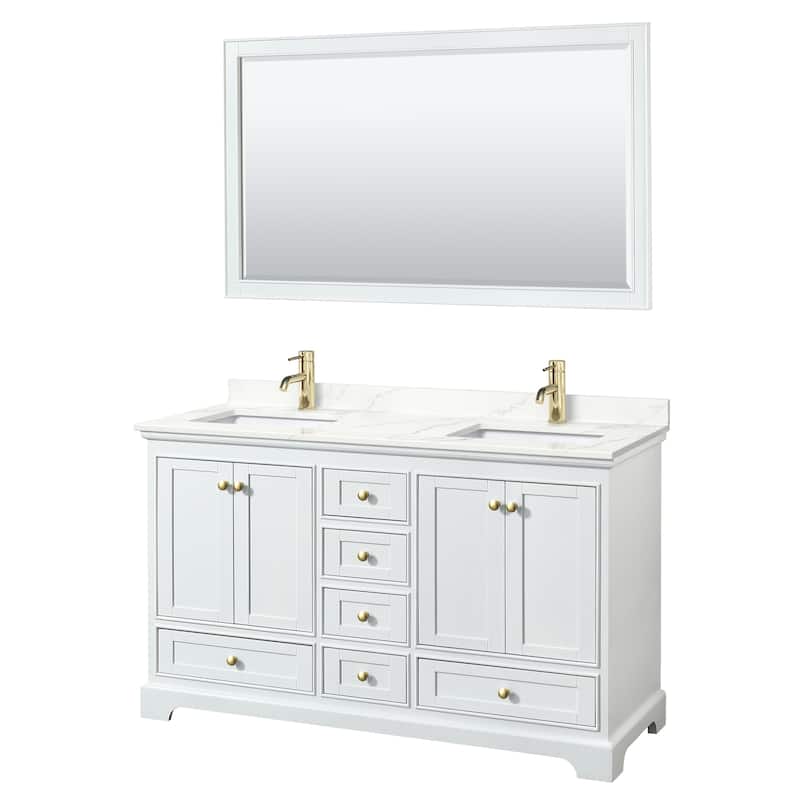 Deborah 60-inch Double Vanity, Quartz Top, 58-inch Mirror - White, Gold Trim, Giotto Quartz Top