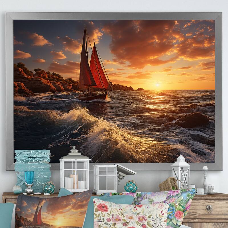 Designart "Spain Sunset Sail I" Nautical & Beach Framed Wall Art Prints - Silver - 32 in. wide x 24 in. high