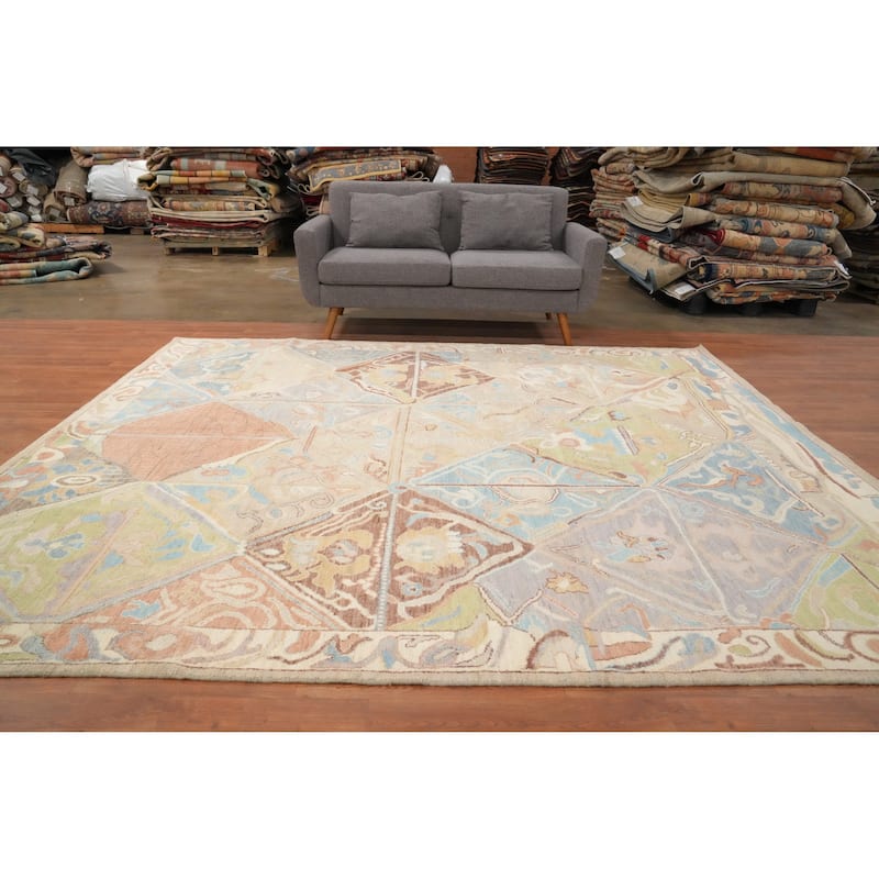 Hand Knotted Oriental 100% Wool Carpet Transitional Geometric Multi-Colored Oushak Area Rug - 9' 9'' X 8' 4''