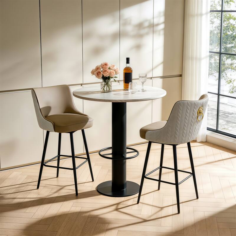 360 Swivel Upholstered Counter Height Bar Stools Kitchen Island Breakfast Chairs with Lion Head Pull Ring Footrest