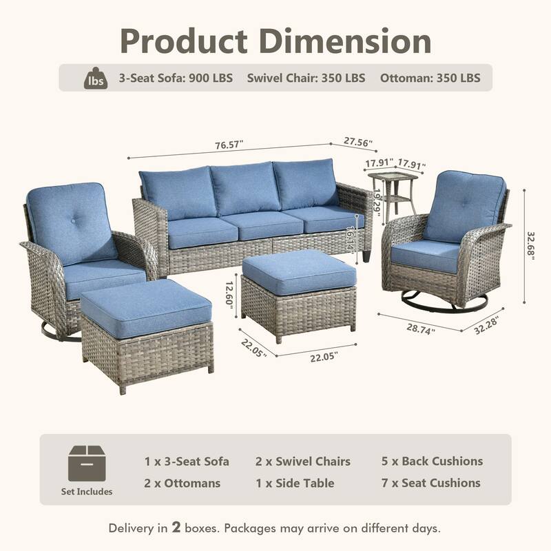 HOOOWOOO 6-piece Grey Wicker Outdoor Swivel Rocking Chair Set for Patio