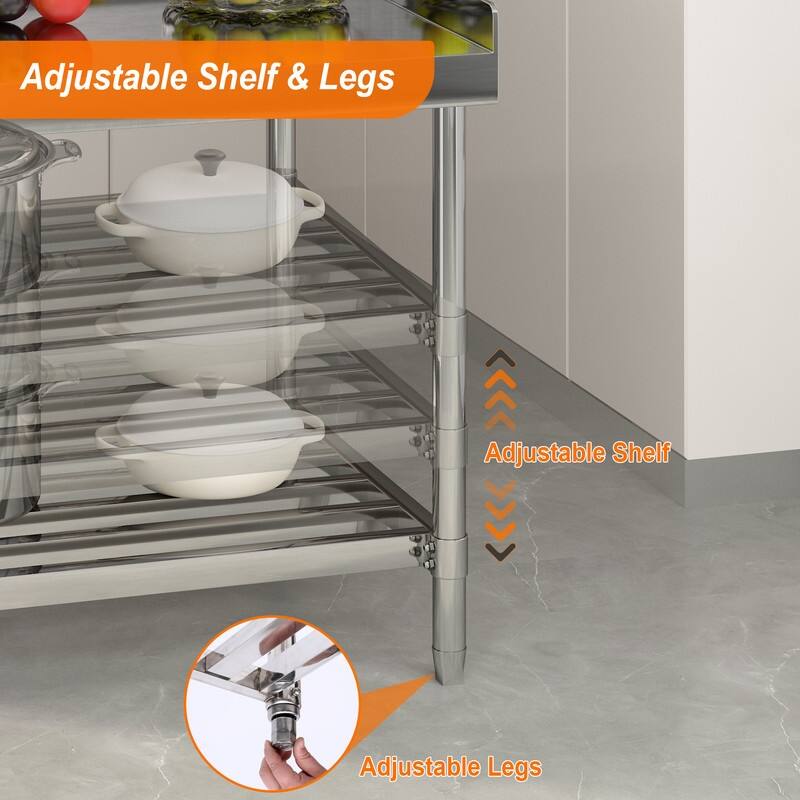36 x 30 Inches Stainless Steel Table with Adjustable Undershelf and Three Side Baffles