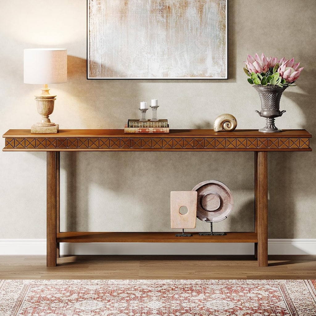 70.9" Rustic Brown 2-Tier Console Table, Solid Wood Extra Long Sofa Table with Storage for Entryway, Hallway or Foyer