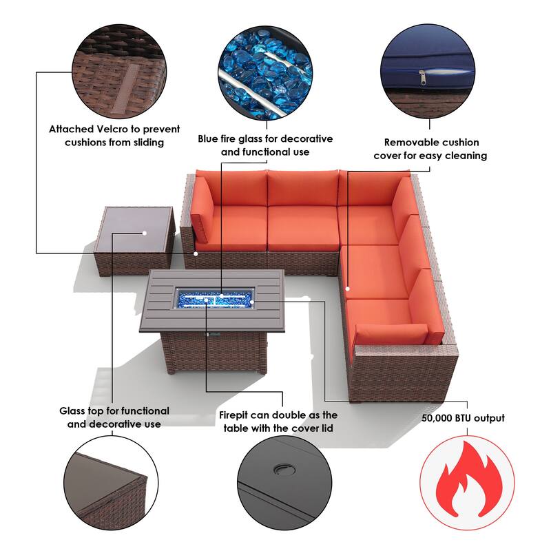 7 Piece Wicker Set Patio Sofa Furniture with Fire Pit And Table