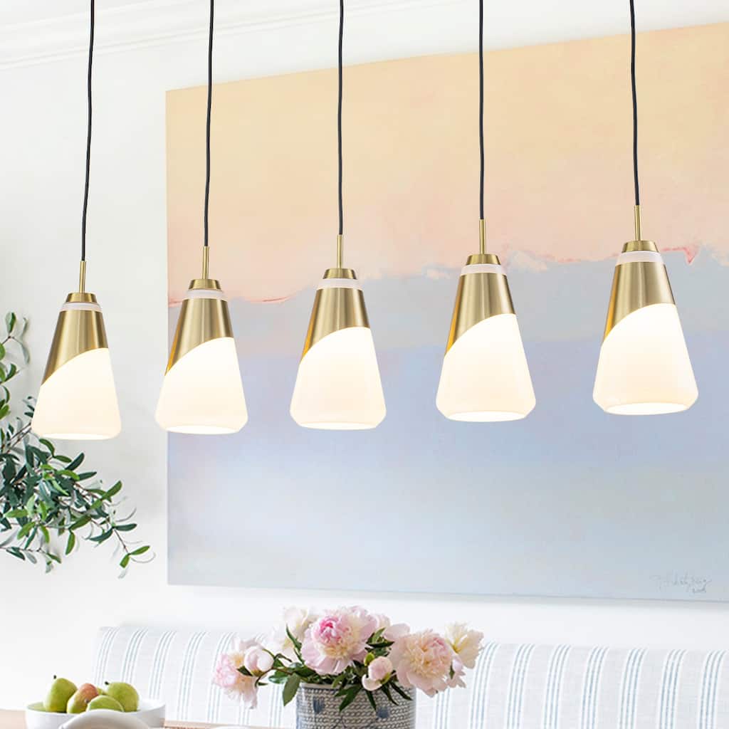 5-Light Gold Pendant Light with White Opal Glass Cone Shades - W 45.43-in