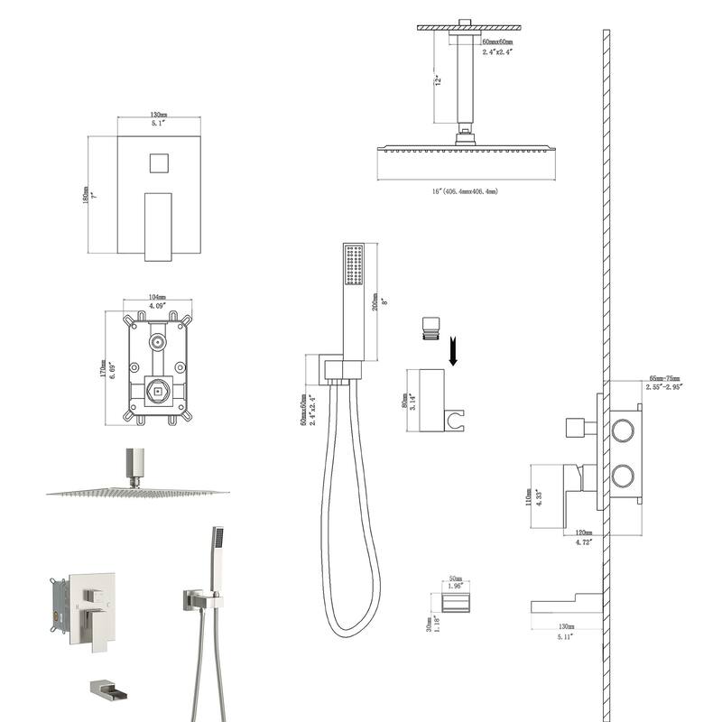 Topcraft 16-inch Ceiling Mount Square Shower System with Rough-in Valve - 16*16