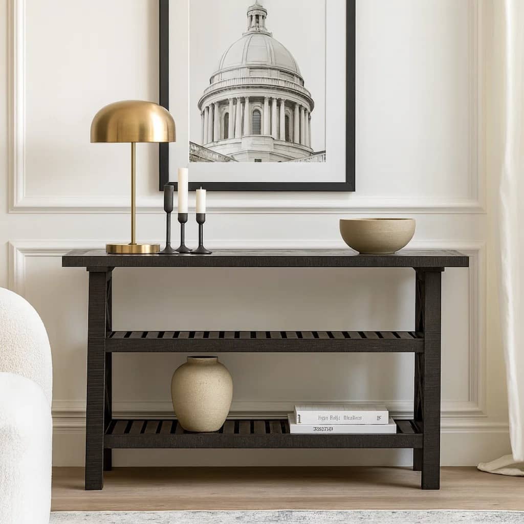 Slatted Two Tier Console table with Cross Side Panels, Rustic Cafe Brown