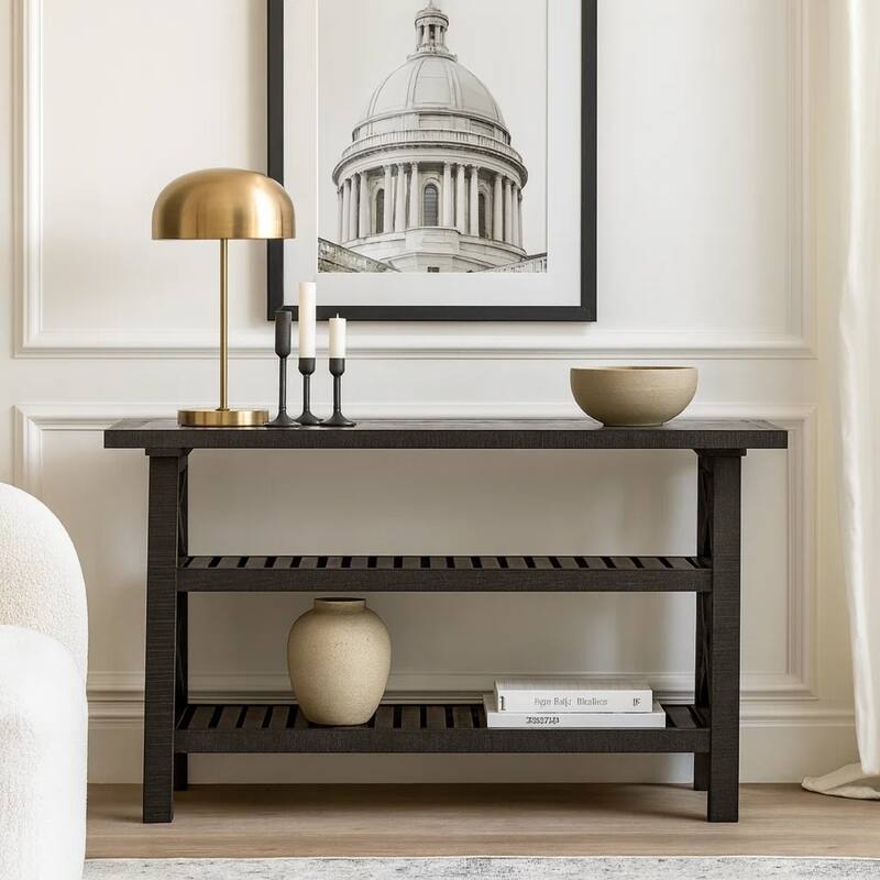 Slatted Two Tier Console table with Cross Side Panels, Rustic Cafe Brown