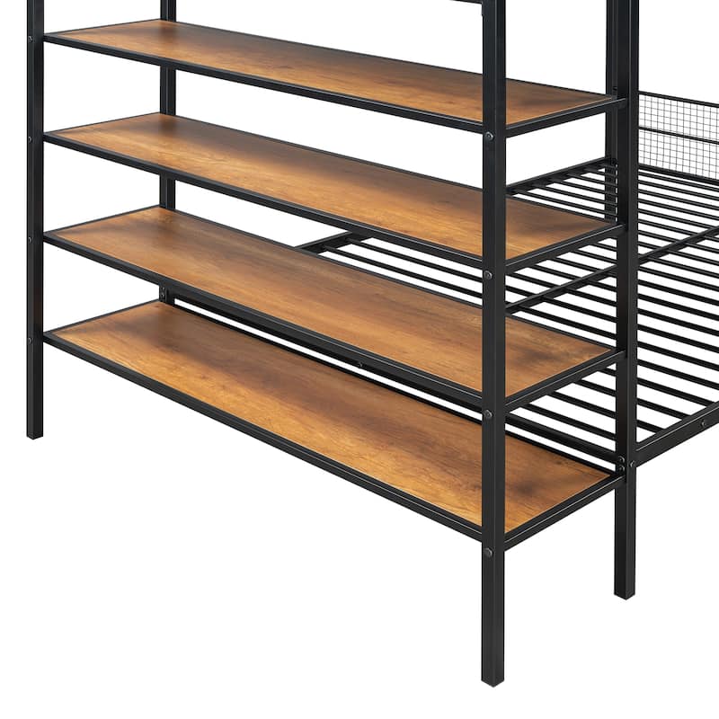 Twin Over Full Metal Bunk Bed with 5-Tier Shelves, Black