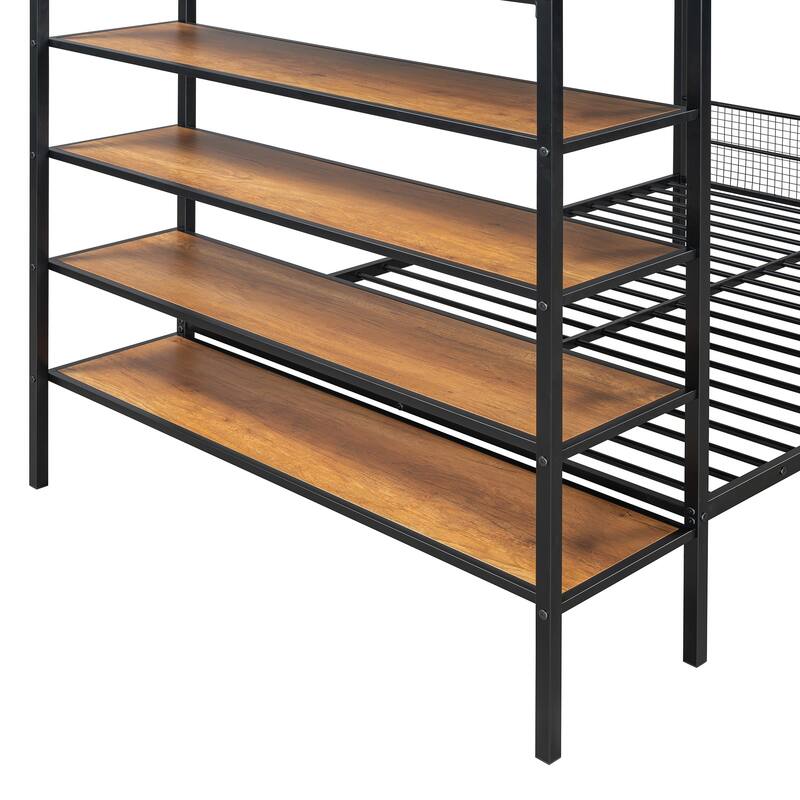 Twin Over Full Metal Bunk Bed with Mesh Guardrails & 5-Tier Shelves