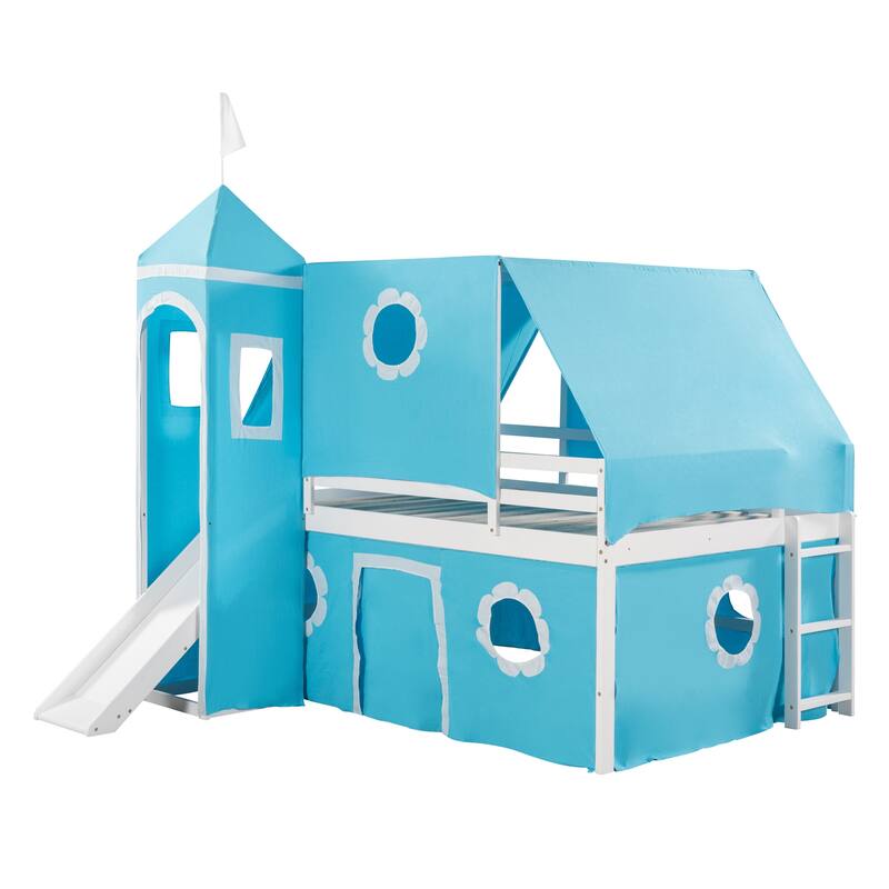 Full Size Bunk Bed with Slide, Tent, and Castle Design