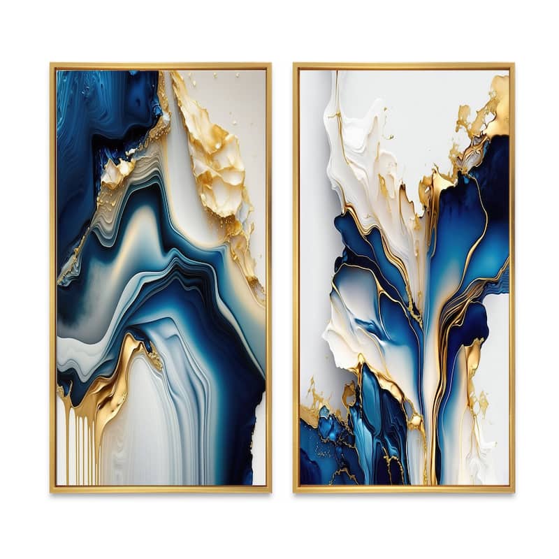 Designart "Abstract Geode Gold And Blue Marble" Abstract Marble Framed Wall Art Set Of 2 - Blue Wall Art Set Of 2
