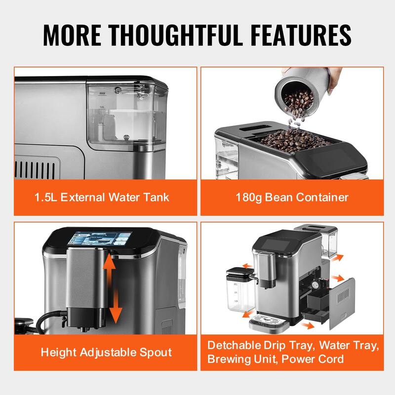 20 Bar Automatic Espresso Coffee Machine with Milk Frother and Grinder - 17.3” x 7.4” x 12.5”