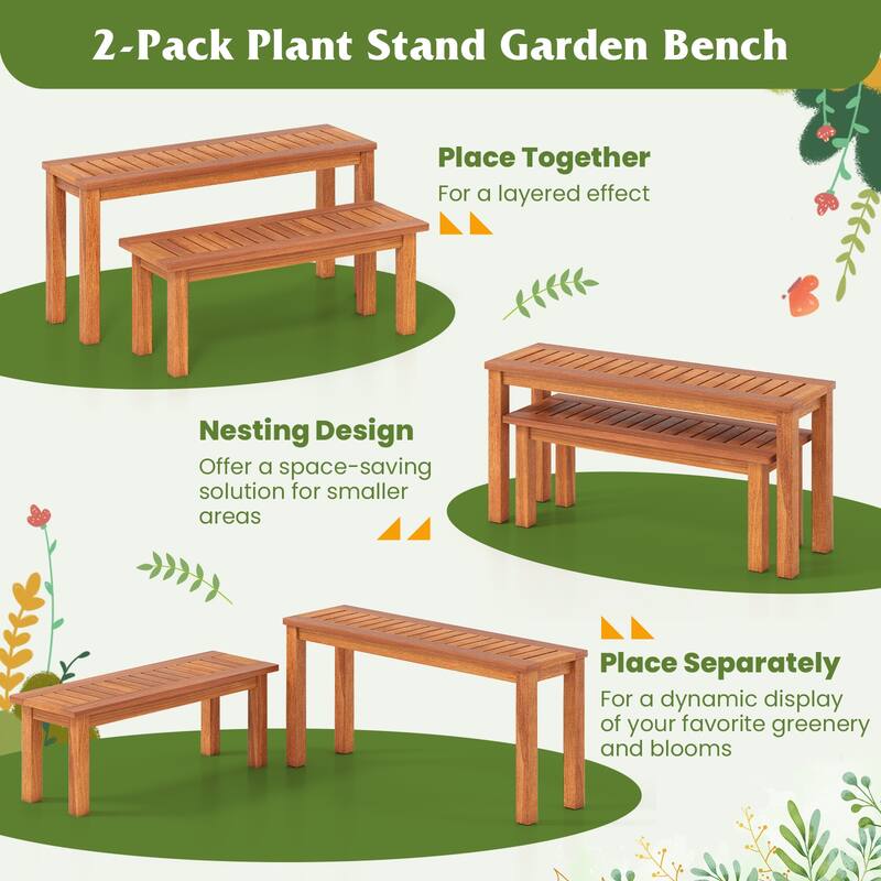 Gymax Wooden Plant Stand Set of 2 w/ Teak Oil Finish Slatted Top
