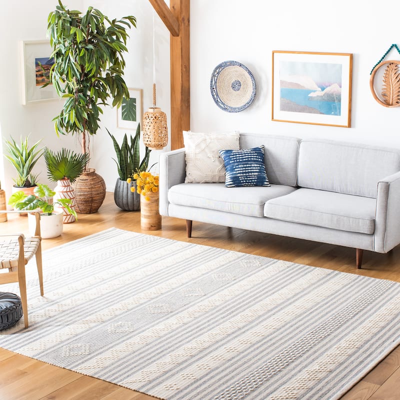 SAFAVIEH Handmade Striped Kilim Venessa Modern Cotton Rug - 10' x 14' - Silver/Ivory