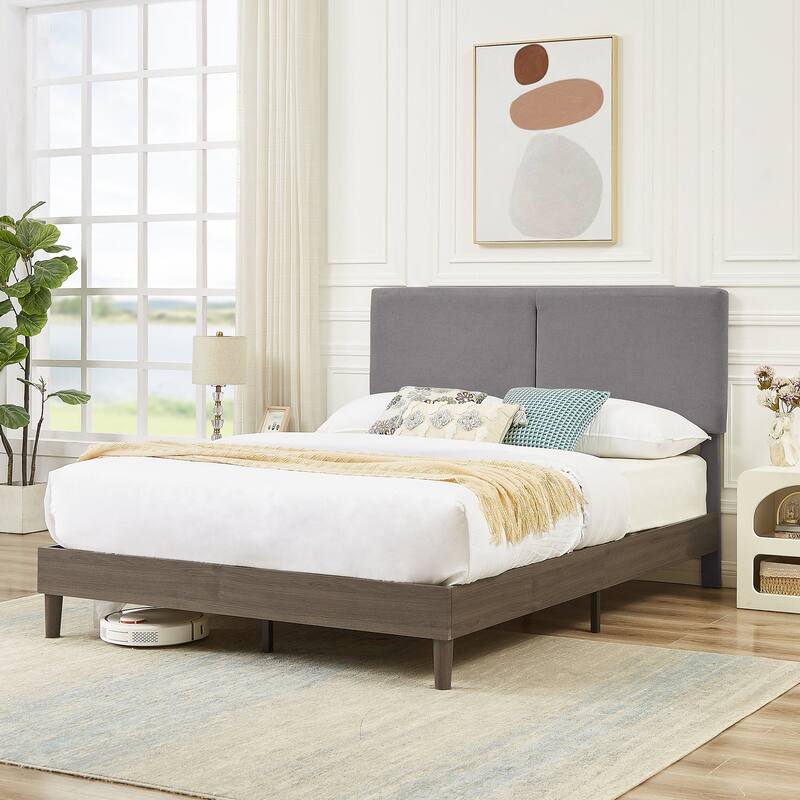 VECELO Upholstered Platform Bed Frame with Adjustable Headboard, Solid Wood Slats, No Box Spring Needed, Twin/Full/Queen Size
