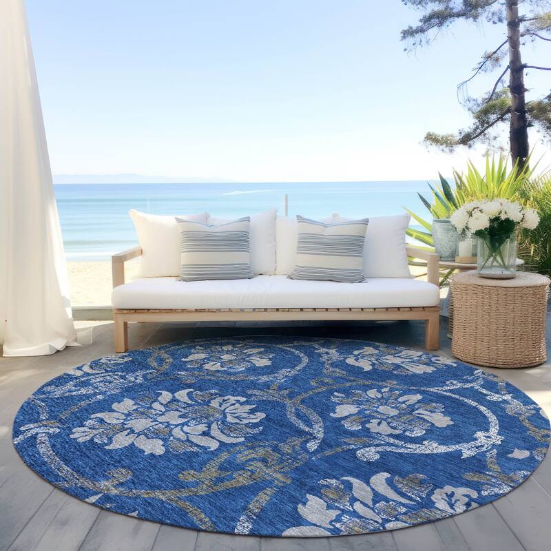 Machine Washable Indoor/ Outdoor Chantille Floral Scroll Rug - Blue - 8' x 8'