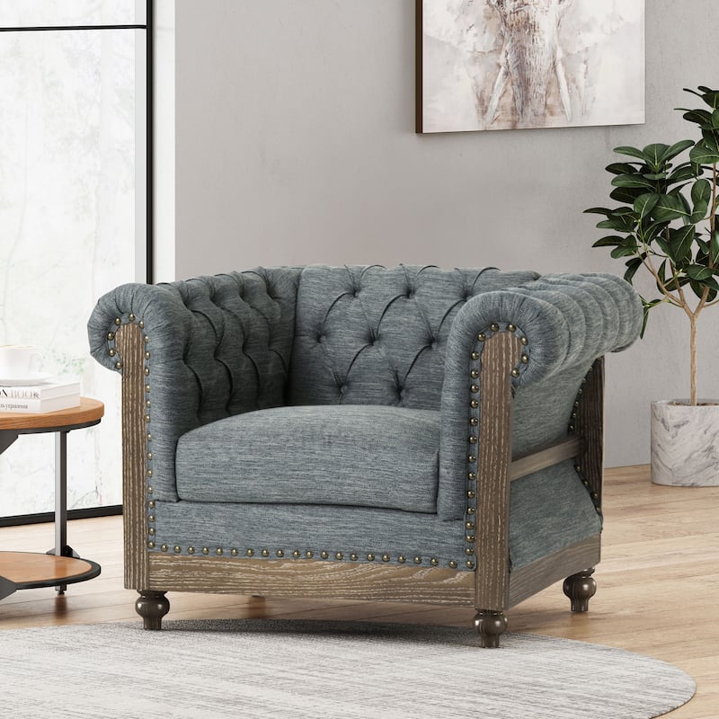 Fabric Chesterfield Club Chair, Tufted Rolled Arm Single Sofa, Mid-Century Modern Upholstered Accent Chair with Wood Frame