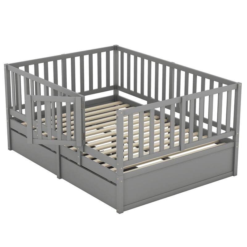 Full Size Wood Daybed with Fence Guardrails and 2 Drawers