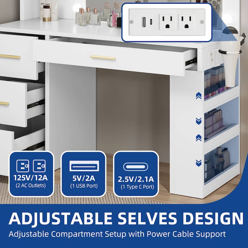 Moasis 39.5"W Bedroom Makeup Vanity Desk with Mirror and Power Outlets&Hairdryer Holder