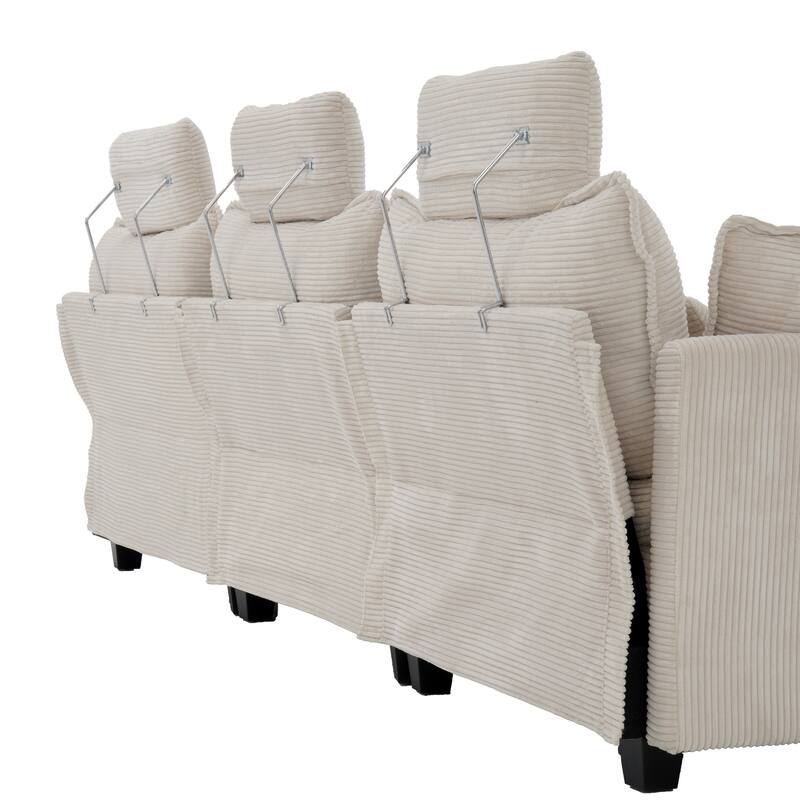 Modern Cream Corduroy 4-Seater Sectional Sofa with Adjustable Headrests, Pocket Spring Seats & Chaise Lounge