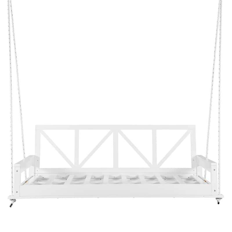 Acacia Wood Twin Size Patio Swing Bed Modern Porch Swing Hanging Bed Frame with 16.4ft Hemp Ropes