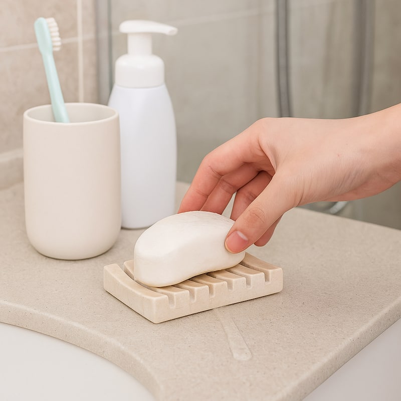 Creative Home Natural Champagne Marble Rectangular Soap Tray Soap Holder with Drainage Grooves - Beige